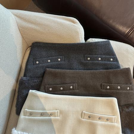 FA52116# 重工毛毛拼接毛呢高腰显瘦半身裙防走光短裙包臀裙a字裙女  服裝批發女裝批發服飾貨源