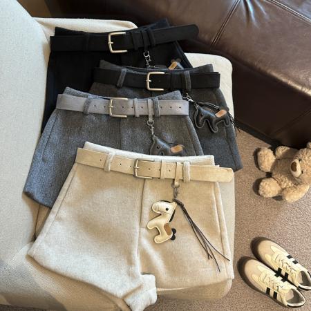 FA52117# 时尚百搭高腰显瘦毛呢阔腿裤短裤女秋冬新款配腰带小马挂件  服裝批發女裝批發服飾貨源