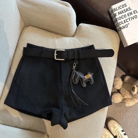 FA52117# 时尚百搭高腰显瘦毛呢阔腿裤短裤女秋冬新款配腰带小马挂件  服裝批發女裝批發服飾貨源