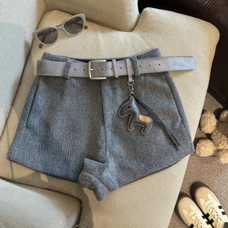 FA52117# 时尚百搭高腰显瘦毛呢阔腿裤短裤女秋冬新款配腰带小马挂件  服裝批發女裝批發服飾貨源