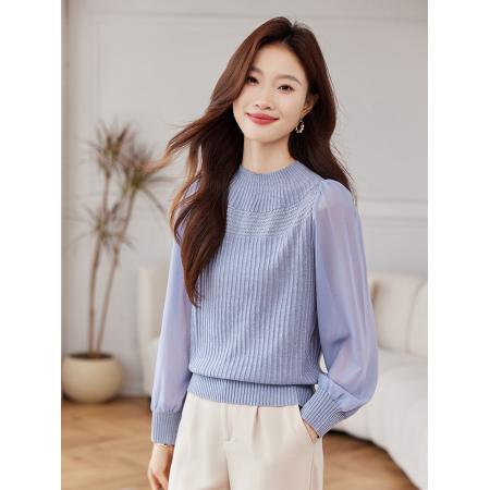 FA52118# 春季新款时尚雪纺长袖拼接立领针织衫女修身设计感上衣  服裝批發女裝批發服飾貨源