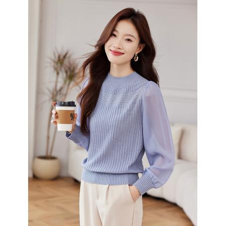 FA52118# 春季新款时尚雪纺长袖拼接立领针织衫女修身设计感上衣  服裝批發女裝批發服飾貨源