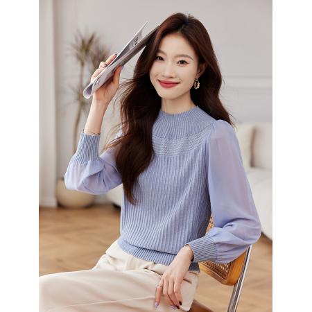 FA52118# 春季新款时尚雪纺长袖拼接立领针织衫女修身设计感上衣  服裝批發女裝批發服飾貨源