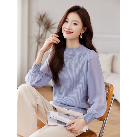 FA52118# 春季新款时尚雪纺长袖拼接立领针织衫女修身设计感上衣  服裝批發女裝批發服飾貨源