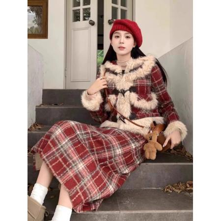 FA52120# 深冬装搭配一整套高级感圣诞格纹外套半身裙套装洋气显瘦两件套女  服裝批發女裝批發服飾貨源