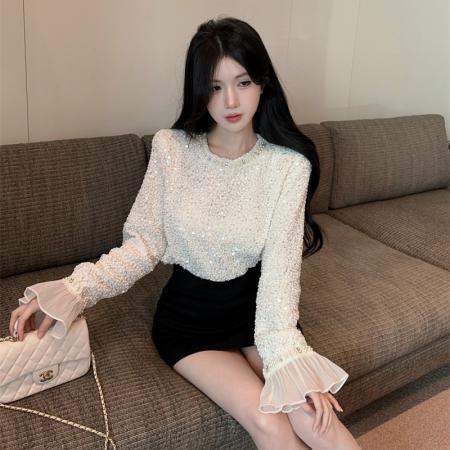 FA52123# 春秋圆领拼接钉珠宽松T恤灯笼袖甜美撞色纯欲风短款套头上衣  服裝批發女裝批發服飾貨源