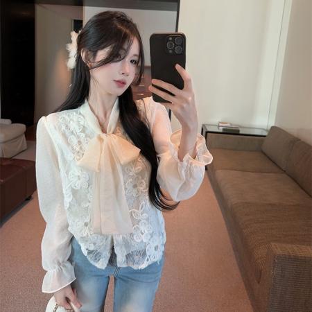 FA52124# 春秋法式蝴蝶结拼接印花泡泡袖衬衫设计感宽松单排扣开衫衬衣  服裝批發女裝批發服飾貨源