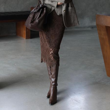 FA52125# 高级感高腰显瘦包臀裙中长款冬春新款咖色蕾丝拼接半身裙女  服裝批發女裝批發服飾貨源