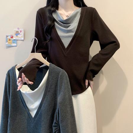 FA52127# 早春新款胖mm大码女设计感假两件荡领叠穿百搭长袖上衣  服裝批發女裝批發服飾貨源