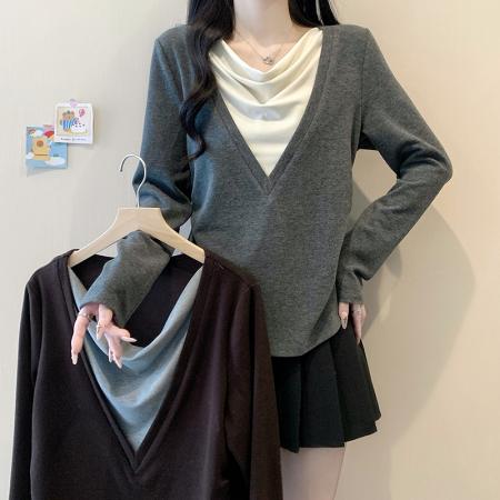 FA52127# 早春新款胖mm大码女设计感假两件荡领叠穿百搭长袖上衣  服裝批發女裝批發服飾貨源