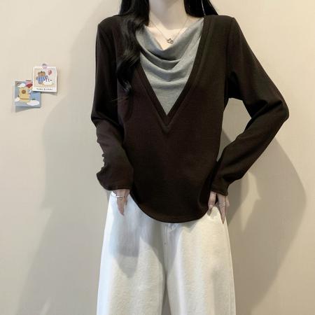 FA52127# 早春新款胖mm大码女设计感假两件荡领叠穿百搭长袖上衣  服裝批發女裝批發服飾貨源