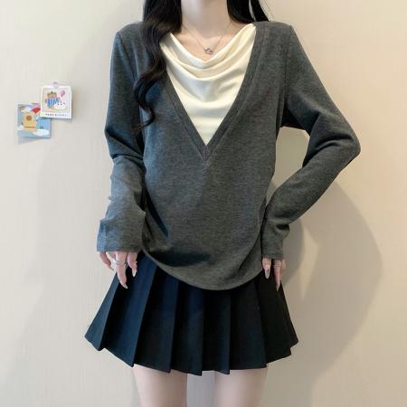 FA52127# 早春新款胖mm大码女设计感假两件荡领叠穿百搭长袖上衣  服裝批發女裝批發服飾貨源