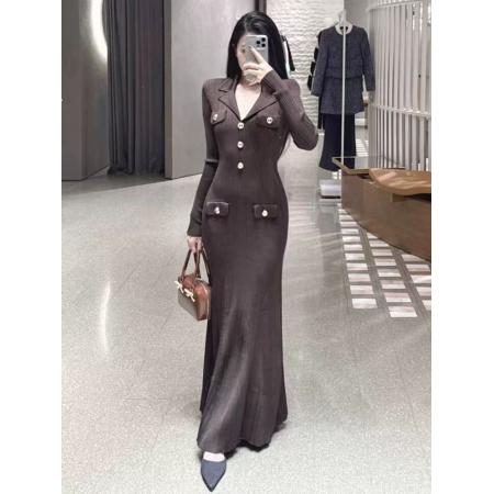 FA52128# 韩国名媛风金属扣长袖修身显瘦针织连衣裙百搭气质优雅鱼尾长裙  服裝批發女裝批發服飾貨源