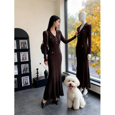 FA52128# 韩国名媛风金属扣长袖修身显瘦针织连衣裙百搭气质优雅鱼尾长裙  服裝批發女裝批發服飾貨源