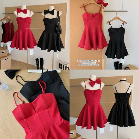 呛口小辣椒法式无袖甜辣风吊带红色女款连衣裙  服裝批發女裝批發服飾貨源