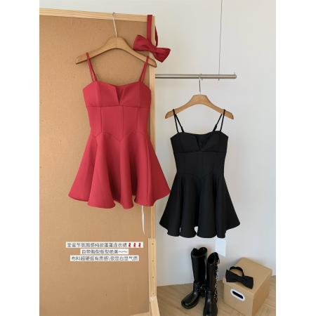 呛口小辣椒法式无袖甜辣风吊带红色女款连衣裙  服裝批發女裝批發服飾貨源