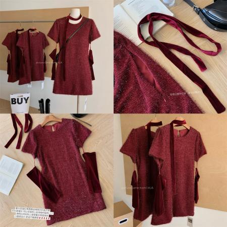 FA52130# 法式气质高级感宽松显瘦订婚裙冬季氛围感针织圆领连衣裙  服裝批發女裝批發服飾貨源