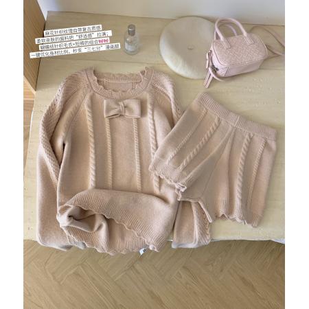 FA52132# 甜杏杏子定染纱线杏粉蝴蝶结针织上衣短裤温柔套装  服裝批發女裝批發服飾貨源