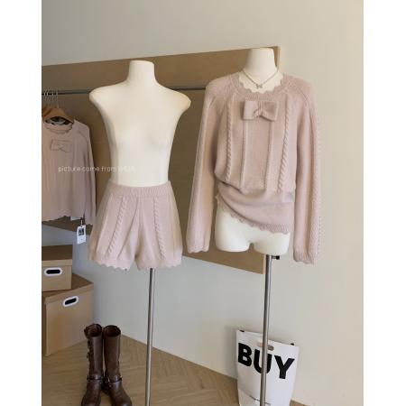 FA52132# 甜杏杏子定染纱线杏粉蝴蝶结针织上衣短裤温柔套装  服裝批發女裝批發服飾貨源