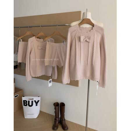 FA52132# 甜杏杏子定染纱线杏粉蝴蝶结针织上衣短裤温柔套装  服裝批發女裝批發服飾貨源