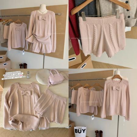 FA52132# 甜杏杏子定染纱线杏粉蝴蝶结针织上衣短裤温柔套装  服裝批發女裝批發服飾貨源