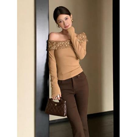 FA52134# 法式高级感亮片一字肩针织上衣女秋冬新款内搭打底衫设计感小众  服裝批發女裝批發服飾貨源