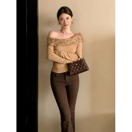 FA52134# 法式高级感亮片一字肩针织上衣女秋冬新款内搭打底衫设计感小众  服裝批發女裝批發服飾貨源