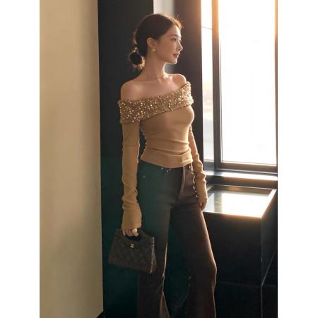 FA52134# 法式高级感亮片一字肩针织上衣女秋冬新款内搭打底衫设计感小众  服裝批發女裝批發服飾貨源