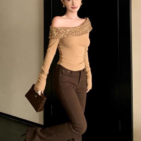 FA52134# 法式高级感亮片一字肩针织上衣女秋冬新款内搭打底衫设计感小众  服裝批發女裝批發服飾貨源