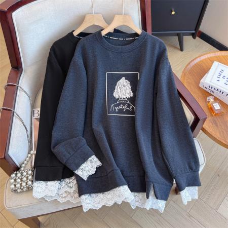 FA52135# 大码女秋冬新款韩版百搭圆领印花蕾丝拼接加厚保暖打底衫T恤  服裝批發女裝批發服飾貨源