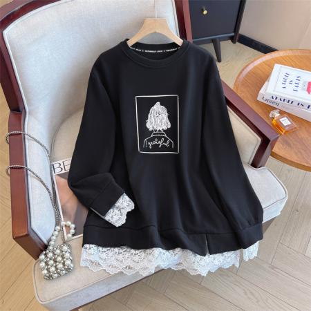 FA52135# 大码女秋冬新款韩版百搭圆领印花蕾丝拼接加厚保暖打底衫T恤  服裝批發女裝批發服飾貨源