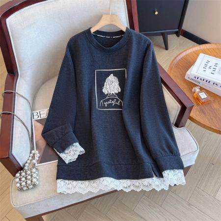 FA52135# 大码女秋冬新款韩版百搭圆领印花蕾丝拼接加厚保暖打底衫T恤  服裝批發女裝批發服飾貨源