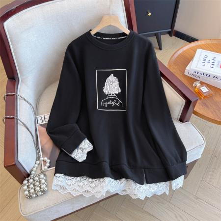 FA52135# 大码女秋冬新款韩版百搭圆领印花蕾丝拼接加厚保暖打底衫T恤  服裝批發女裝批發服飾貨源