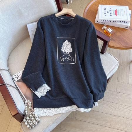 FA52135# 大码女秋冬新款韩版百搭圆领印花蕾丝拼接加厚保暖打底衫T恤  服裝批發女裝批發服飾貨源