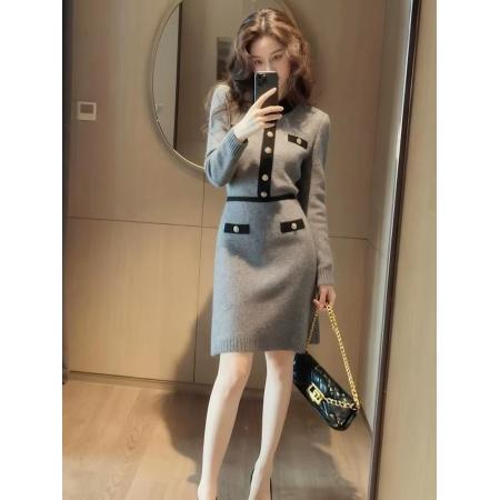 FA52136# 法式高级感小香风灰色拼接针织连衣裙新款巨好看早秋气质裙子  服裝批發女裝批發服飾貨源