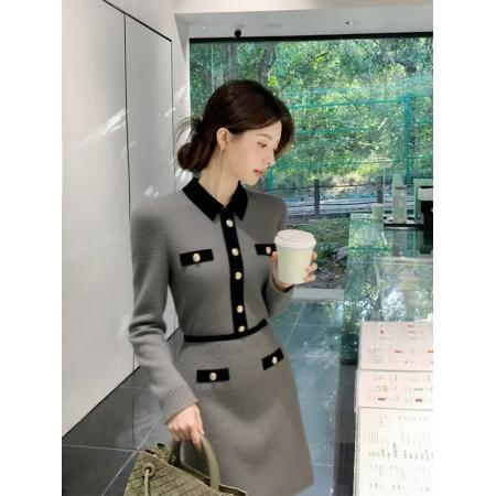 FA52136# 法式高级感小香风灰色拼接针织连衣裙新款巨好看早秋气质裙子  服裝批發女裝批發服飾貨源