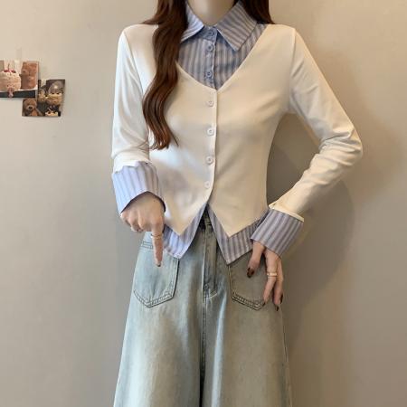 FA52137# 春装新款胖mm大码女假两件条纹拼接修身上衣衬衣T恤  服裝批發女裝批發服飾貨源