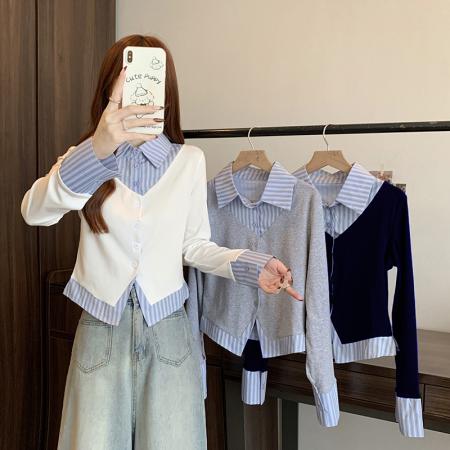 FA52137# 春装新款胖mm大码女假两件条纹拼接修身上衣衬衣T恤  服裝批發女裝批發服飾貨源