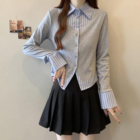 FA52137# 春装新款胖mm大码女假两件条纹拼接修身上衣衬衣T恤  服裝批發女裝批發服飾貨源