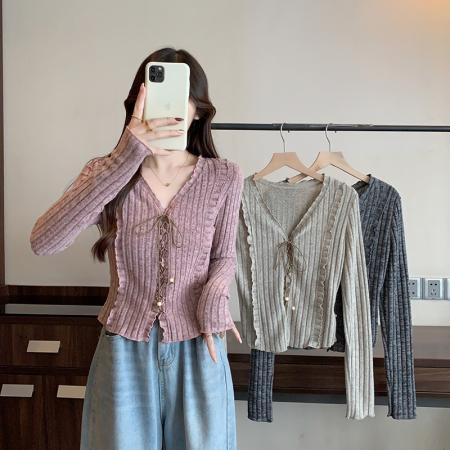 FA52138# 春季新款胖mm大码女休闲百搭木耳花边系带针织上衣  服裝批發女裝批發服飾貨源