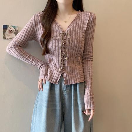 FA52138# 春季新款胖mm大码女休闲百搭木耳花边系带针织上衣  服裝批發女裝批發服飾貨源