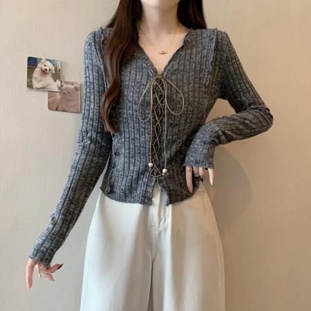 FA52138# 春季新款胖mm大码女休闲百搭木耳花边系带针织上衣  服裝批發女裝批發服飾貨源