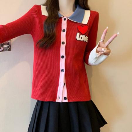 FA52139# 设计感巨好看新年红撞色毛衣秋冬新款百搭显瘦减龄针织开衫女  服裝批發女裝批發服飾貨源