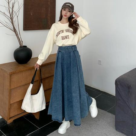 FA52140# 法式复古高腰牛仔半身裙女秋季新款休闲宽松显瘦中长款大摆裙  服裝批發女裝批發服飾貨源