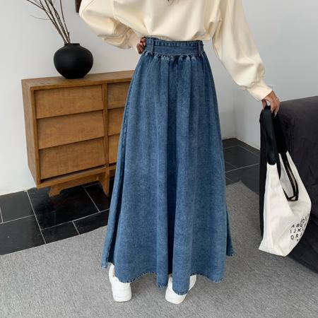 FA52140# 法式复古高腰牛仔半身裙女秋季新款休闲宽松显瘦中长款大摆裙  服裝批發女裝批發服飾貨源