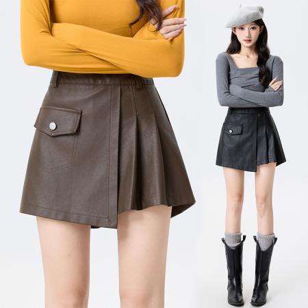 FA52141# 咖色PU皮裙百褶半身裙女秋冬新款高腰显瘦百搭A字裙裤裙  服裝批發女裝批發服飾貨源