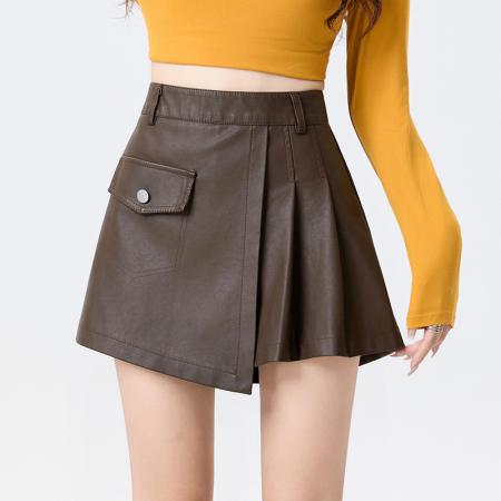 FA52141# 咖色PU皮裙百褶半身裙女秋冬新款高腰显瘦百搭A字裙裤裙  服裝批發女裝批發服飾貨源