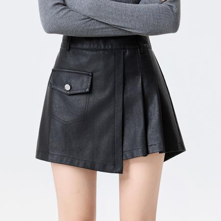 FA52141# 咖色PU皮裙百褶半身裙女秋冬新款高腰显瘦百搭A字裙裤裙  服裝批發女裝批發服飾貨源