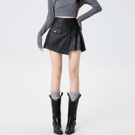 FA52141# 咖色PU皮裙百褶半身裙女秋冬新款高腰显瘦百搭A字裙裤裙  服裝批發女裝批發服飾貨源