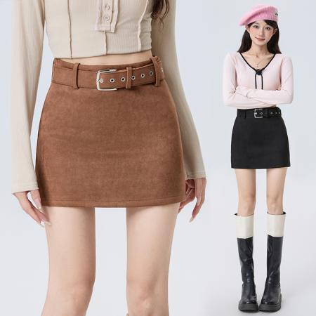 FA52142# 复古辣妹鹿皮绒包臀短裙女秋冬高腰显瘦百搭防走光A字半身裙  服裝批發女裝批發服飾貨源